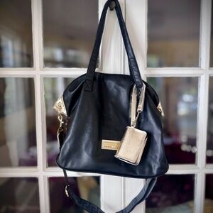 NWOT Versace Parfums Black Faux Leather Tote Weekender Bag Gold Accents